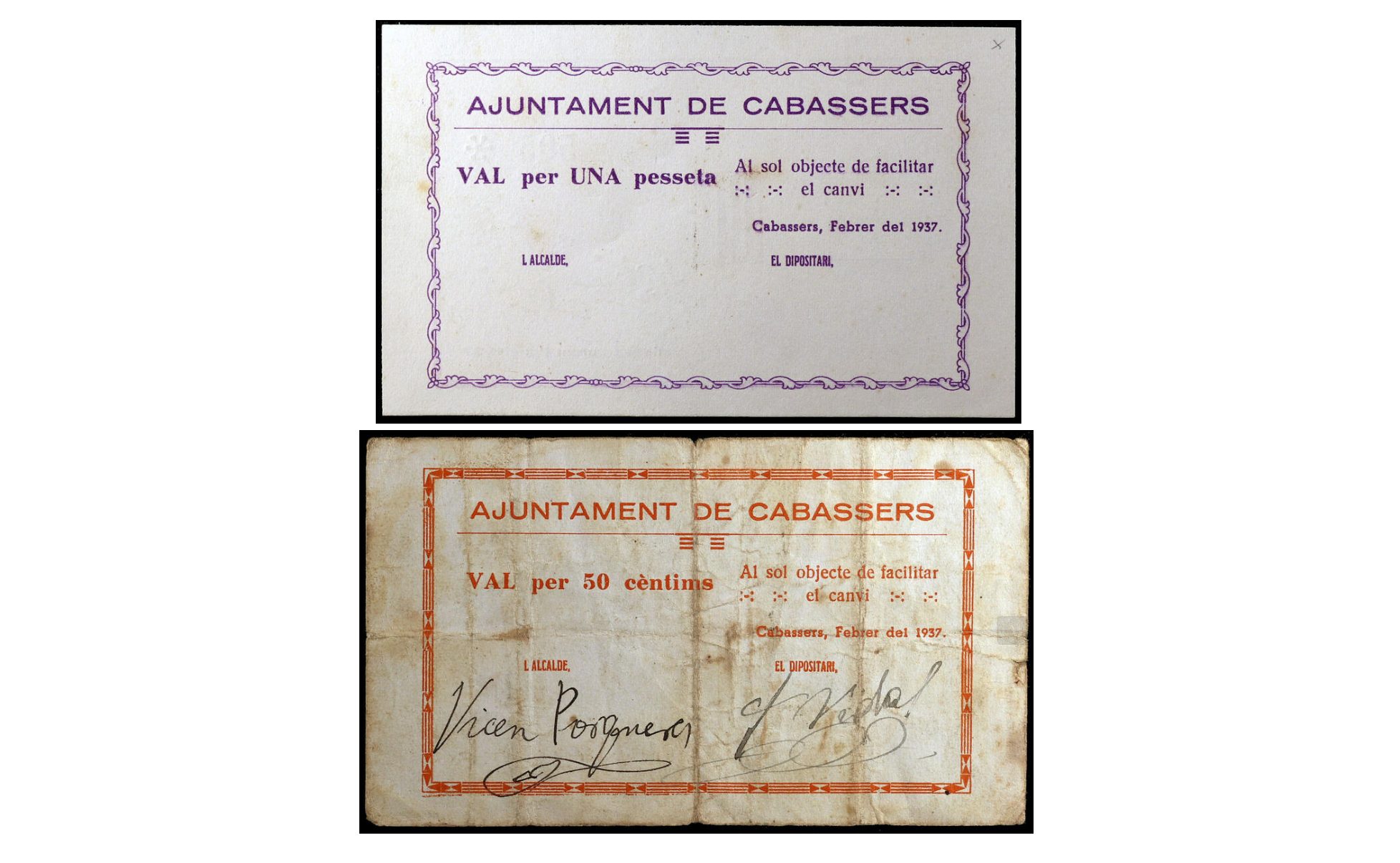 Apareixen imatges de la primera sèrie de bitllets locals de Cabassers emesos el 1937