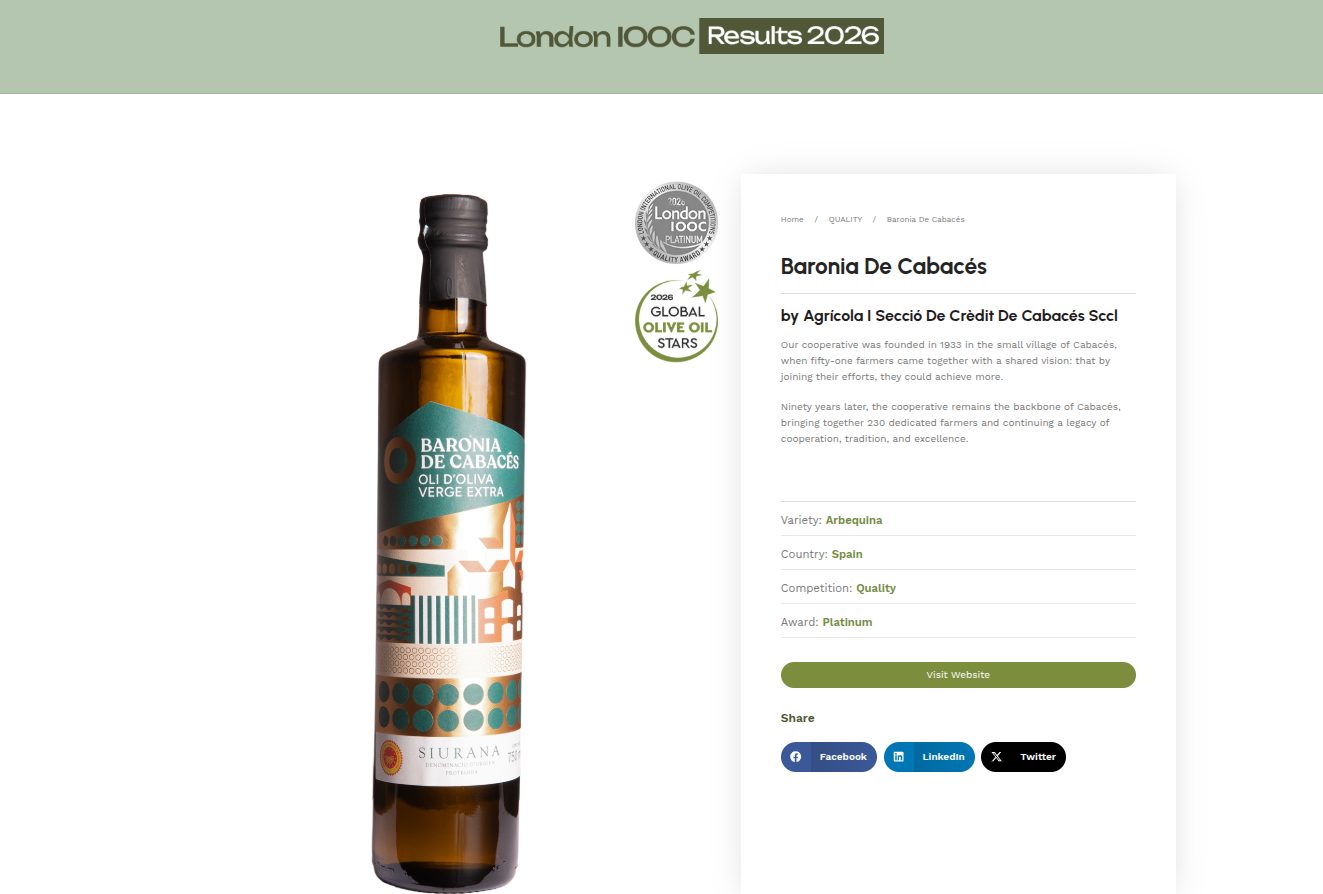 L’oli de la cooperativa de Cabassers és guardonat amb la medalla Platinum a Londres i consolida el seu reconeixement internacional